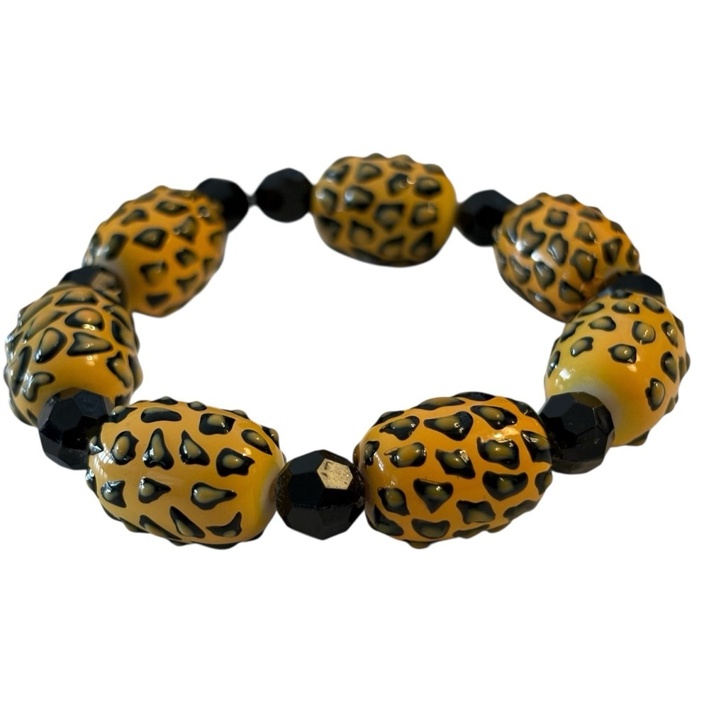 Leopard Bead Bracelet‎ Art Glass Handmade Artisan Strung Yellow Black Statement